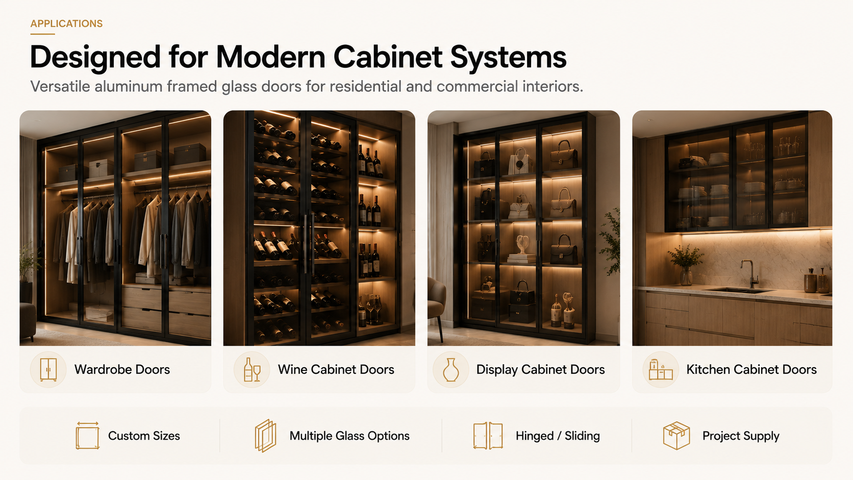 Applications of aluminum framed glass cabinet doors for wardrobe wine cabinet display cabinet and kitchen cabinet