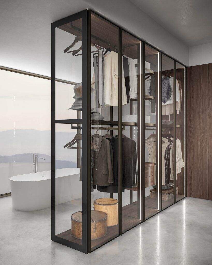 کمد پرداخته‌شده از آلومینیوم برای اتاق خواب، کمد مدرن و مینیمال سیاه از آلومینیوم با سیستم میله نوردهی