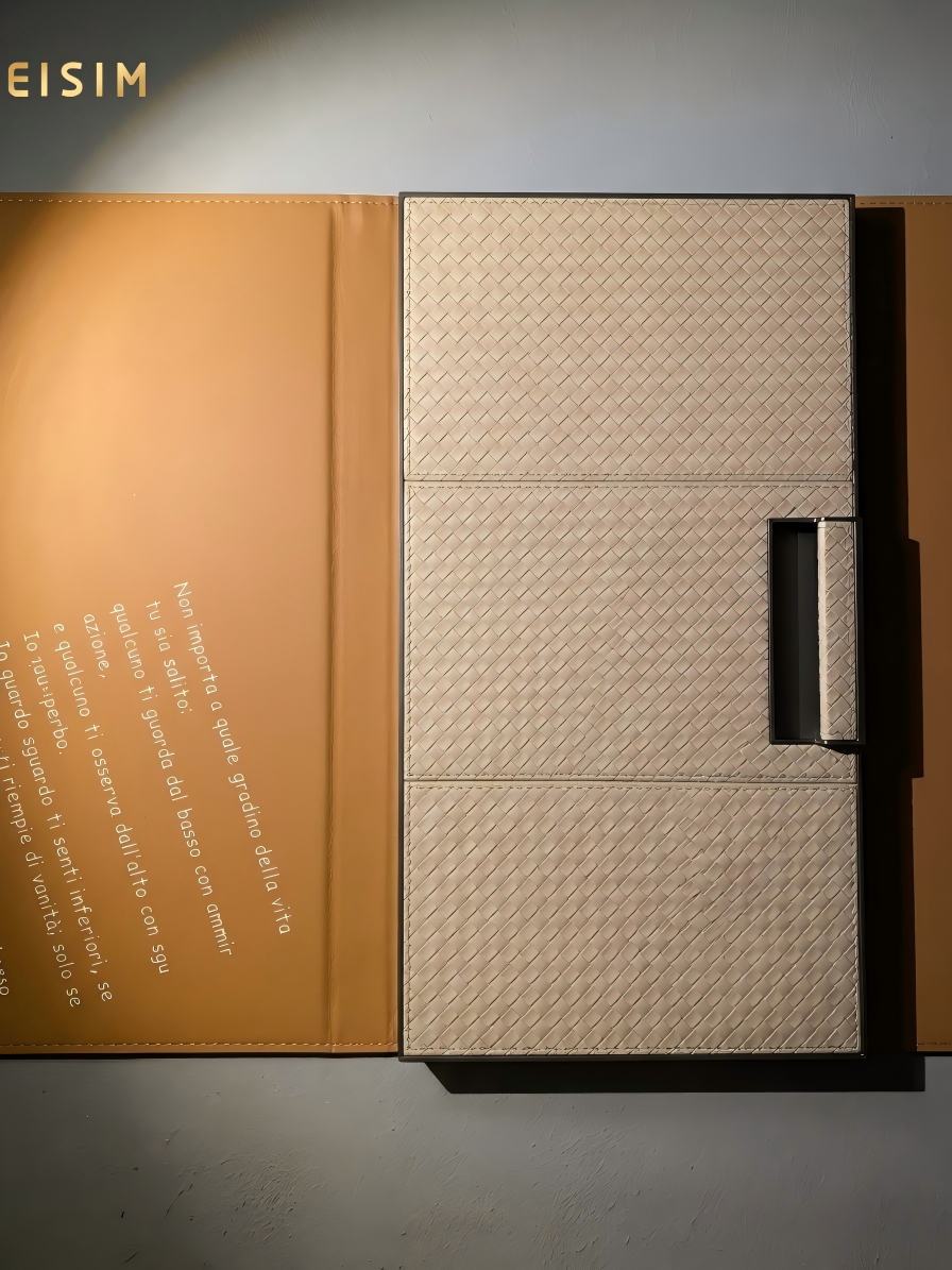 Sleek Linear Stitched Leather Closet Panels with Slim Aluminum Edge Profiles