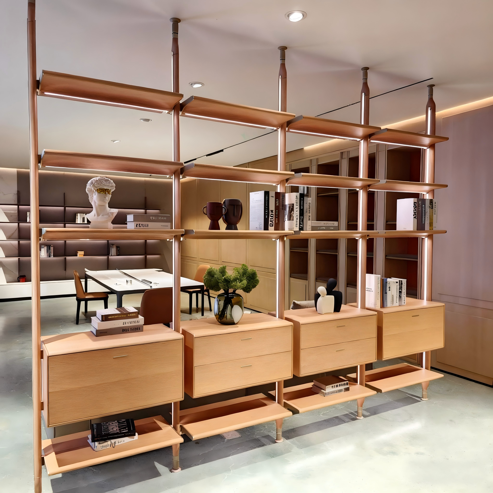 Sodobna zasnova knjižnega polic, luksuzna modularna aluminijasta shrambna in razstavna polica z LED osvetlitvijo | Po meri izdelana OEM / ODM rešitev