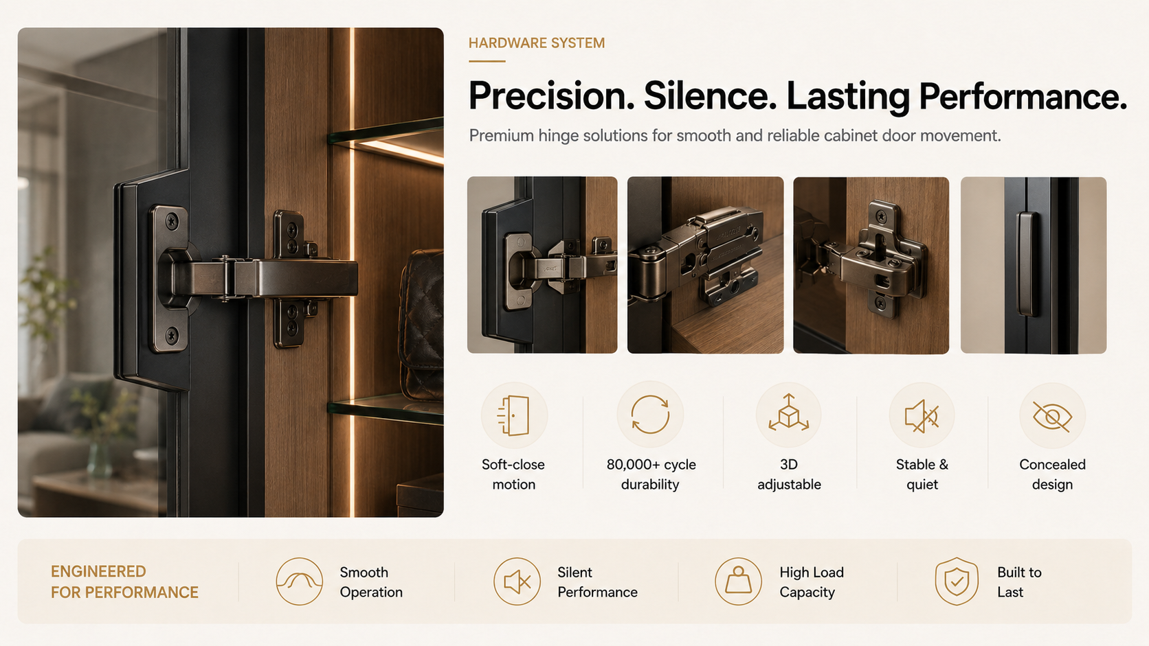 Premium hinge hardware system for aluminum framed glass cabinet doors
