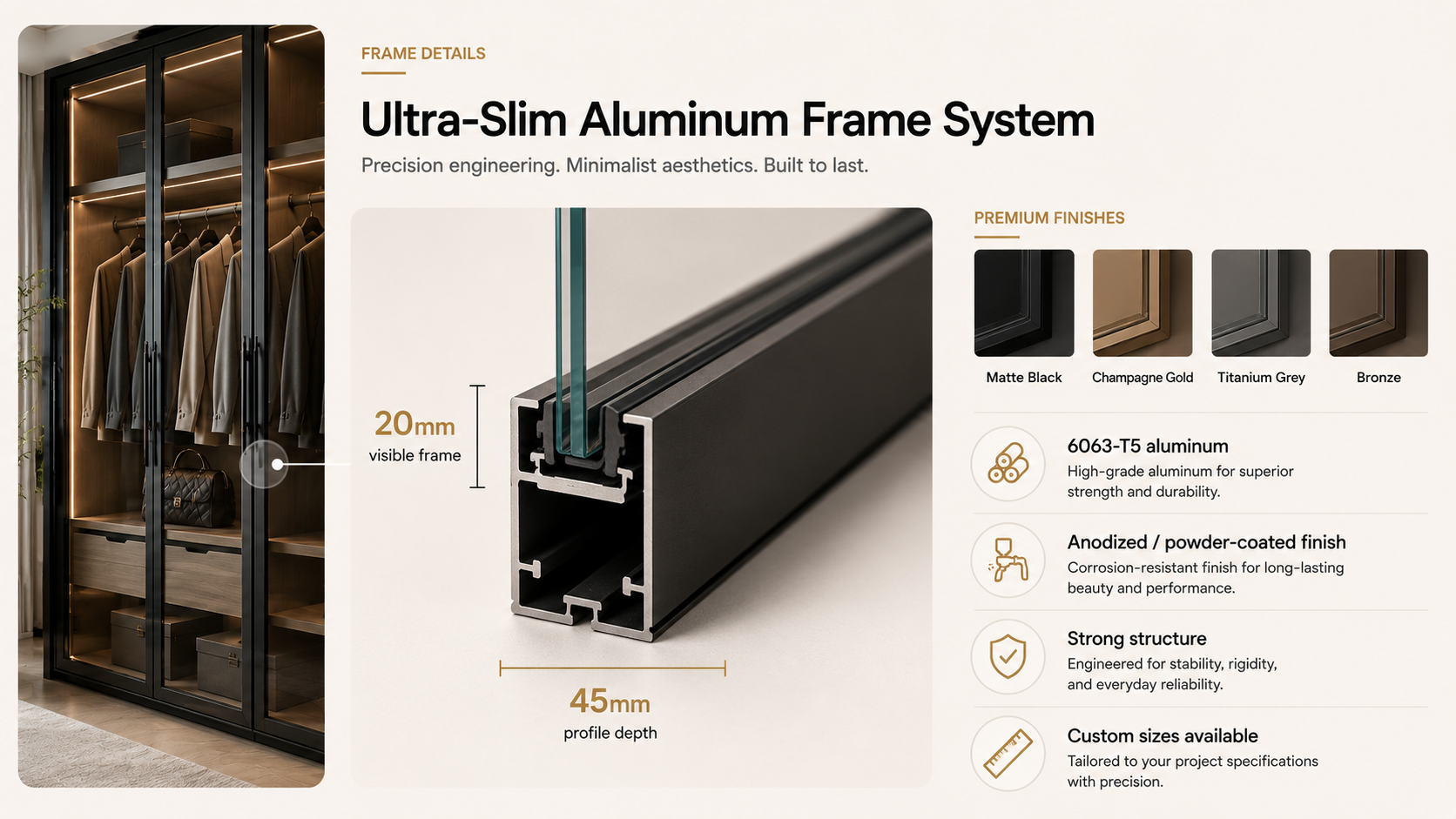 Ultra slim aluminum frame system for custom glass cabinet doors