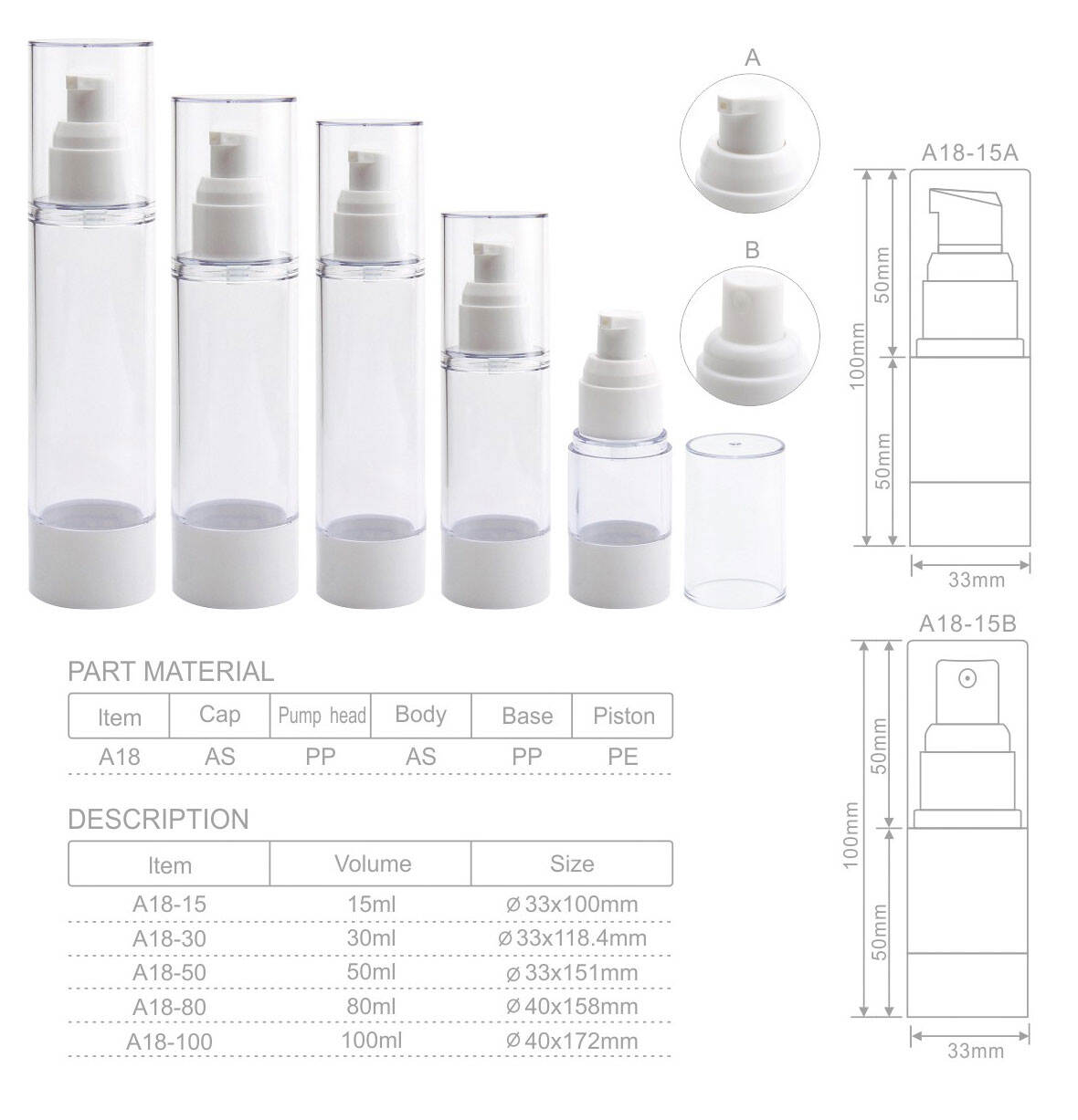 a18 luxury 15ml 30ml 50ml as abs refillable lotion vacuum cylinder container skincare cosmetics packaging airless pump bottle-1