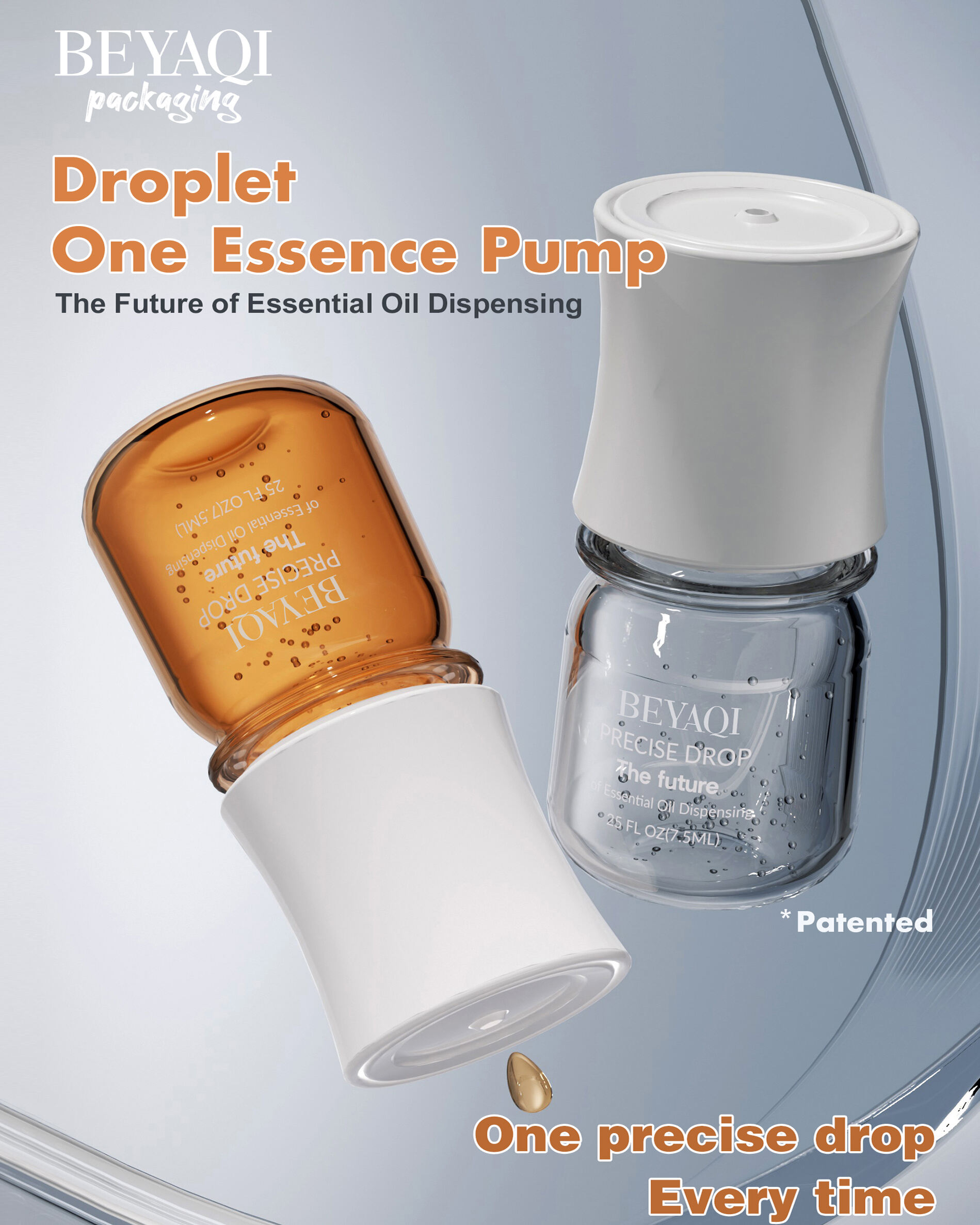 Patented ﻿precision droplet essence pump that dispenses exactly one drop per press