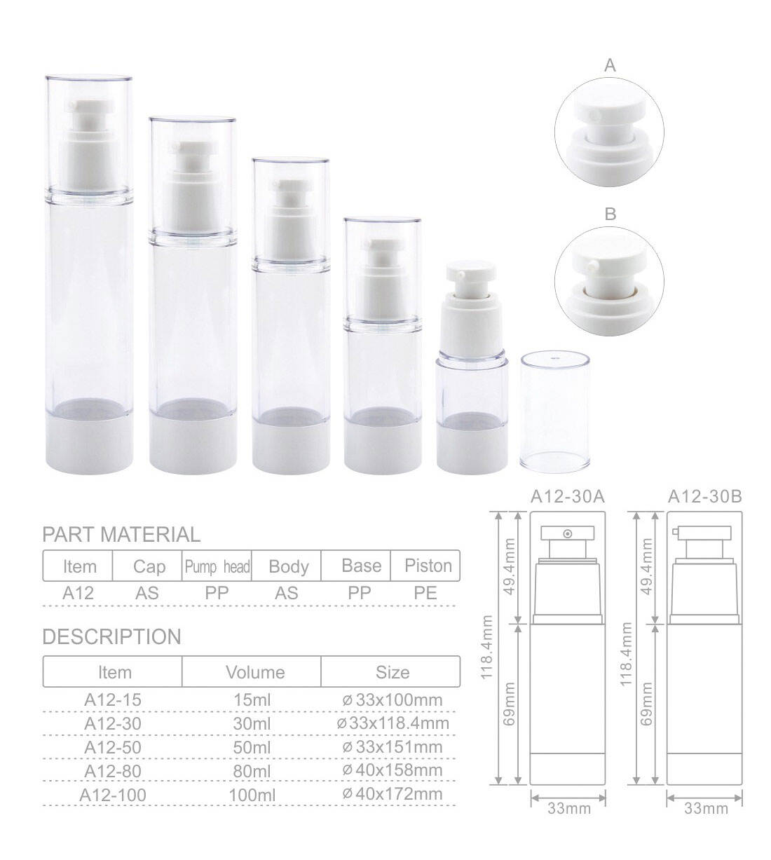 a12 custom luxury 15ml 30ml 50ml white cosmetic vacuum airless pump bottle pump biodegradable plastic airless pump bottle-1