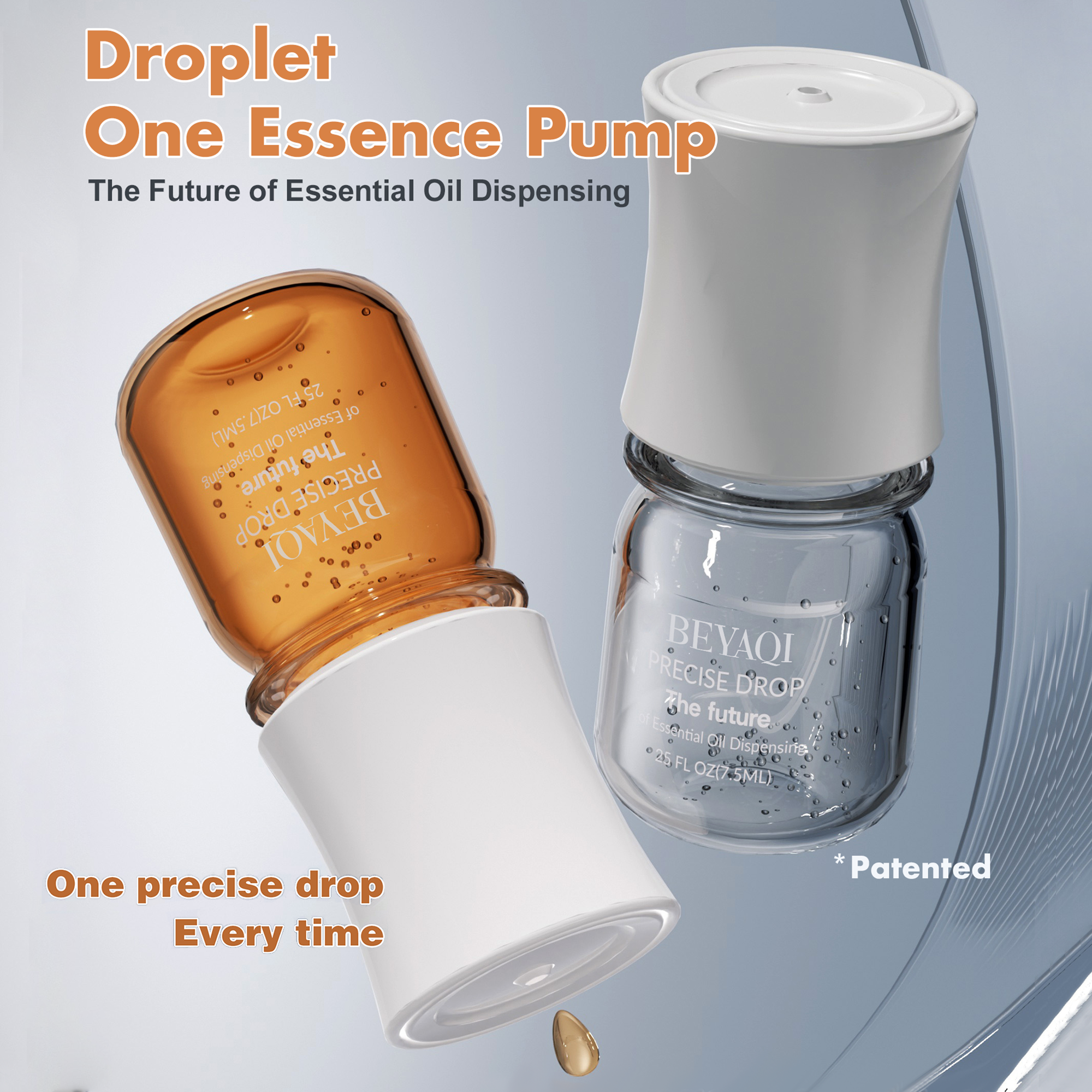 Patented ﻿precision droplet essence pump that dispenses exactly one drop per press