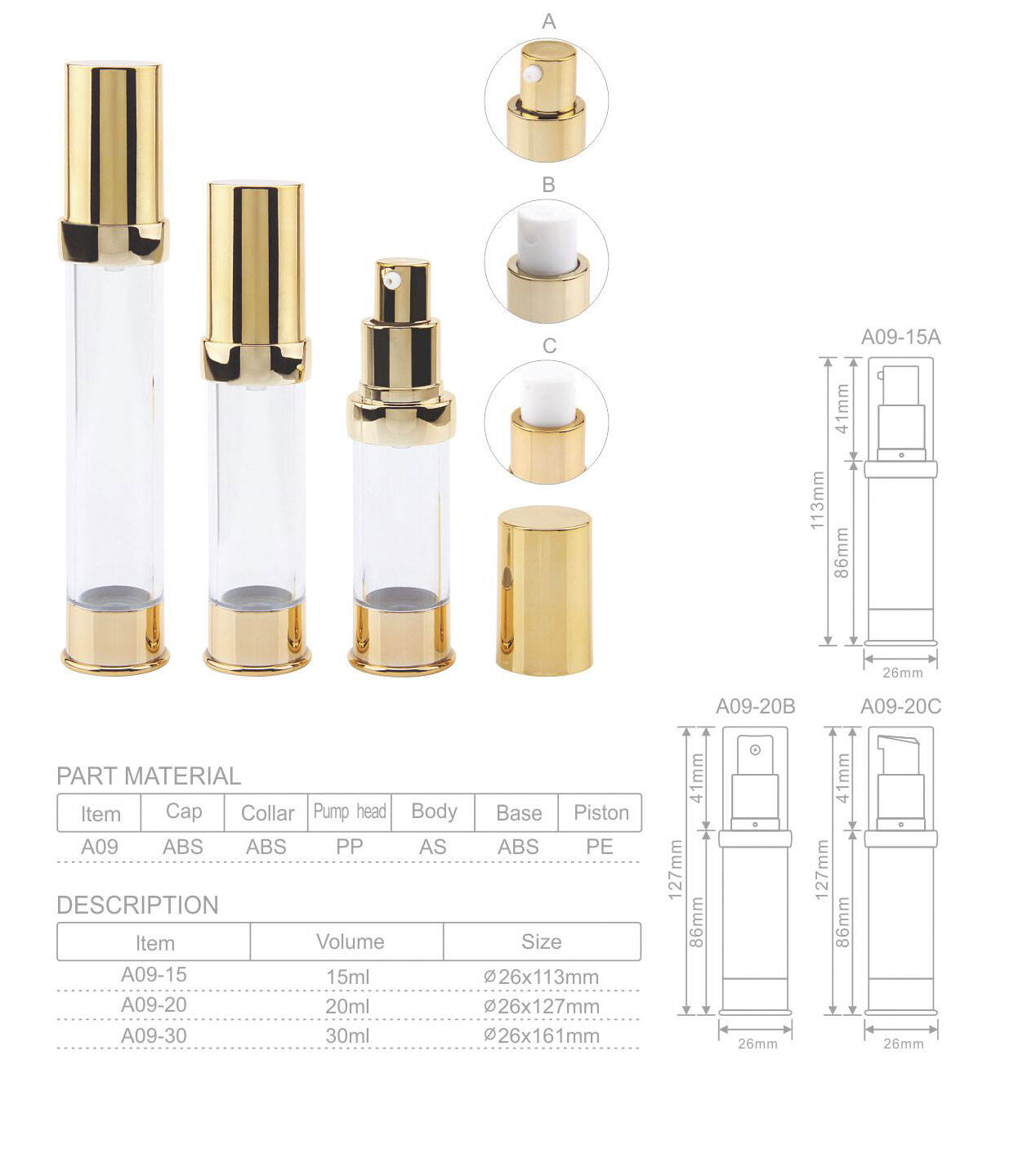 a09 15ml 20ml 30ml skin care packaging vacuum cream airtight screw cap airless pump lotion bottle-1