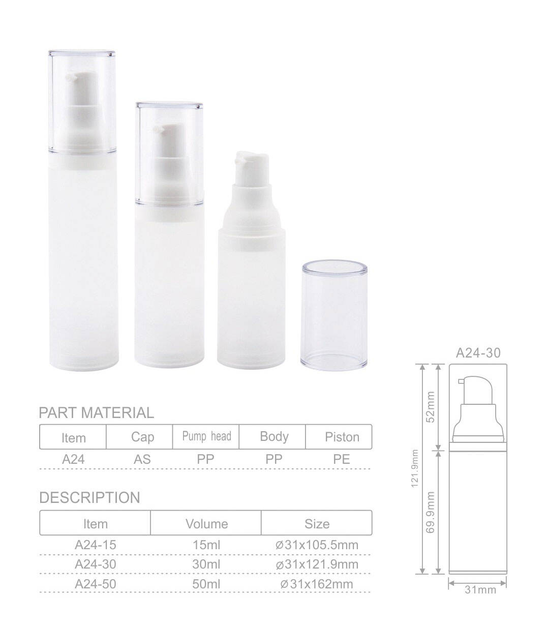 a24 frosted airless plastic cosmetic lotion pump vacuum 15ml 30ml 50ml airless bottle packaging for face masks and shampoo-1