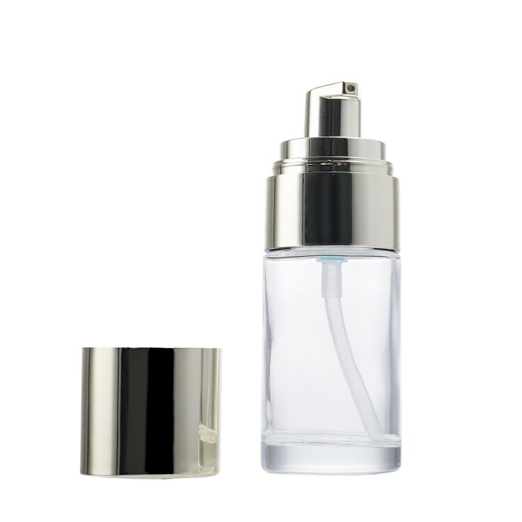 GB108 Skincare Packaging Round 30ml Lotion Cosmetic Cream Essential Oil Glass Bottle,round clear Foundation Pump Head Cosmetics Bottle