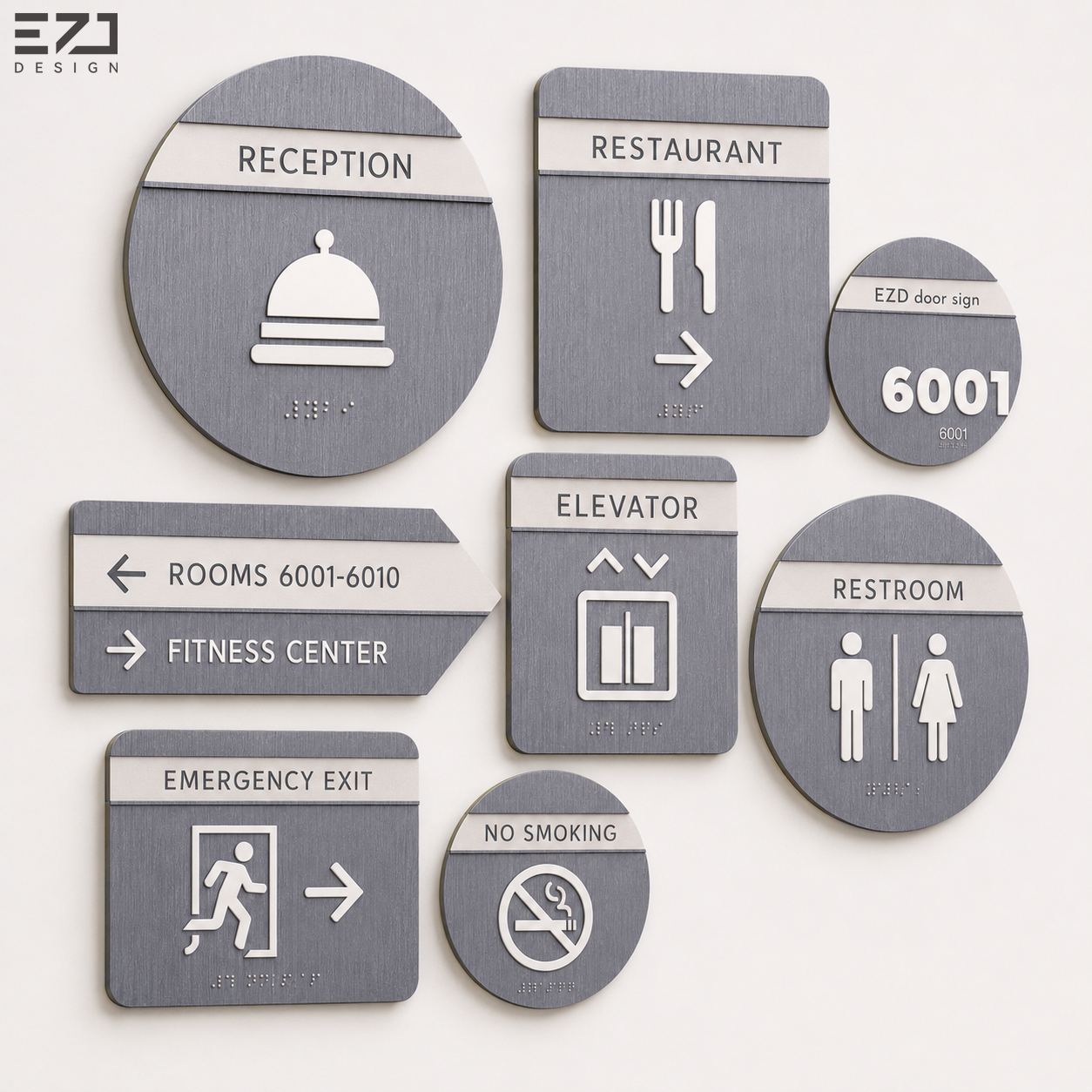 Custom Hotel Room Number Door Signs with ADA Braille Brushed Metal Wayfinding Signage for Hotels Apartments