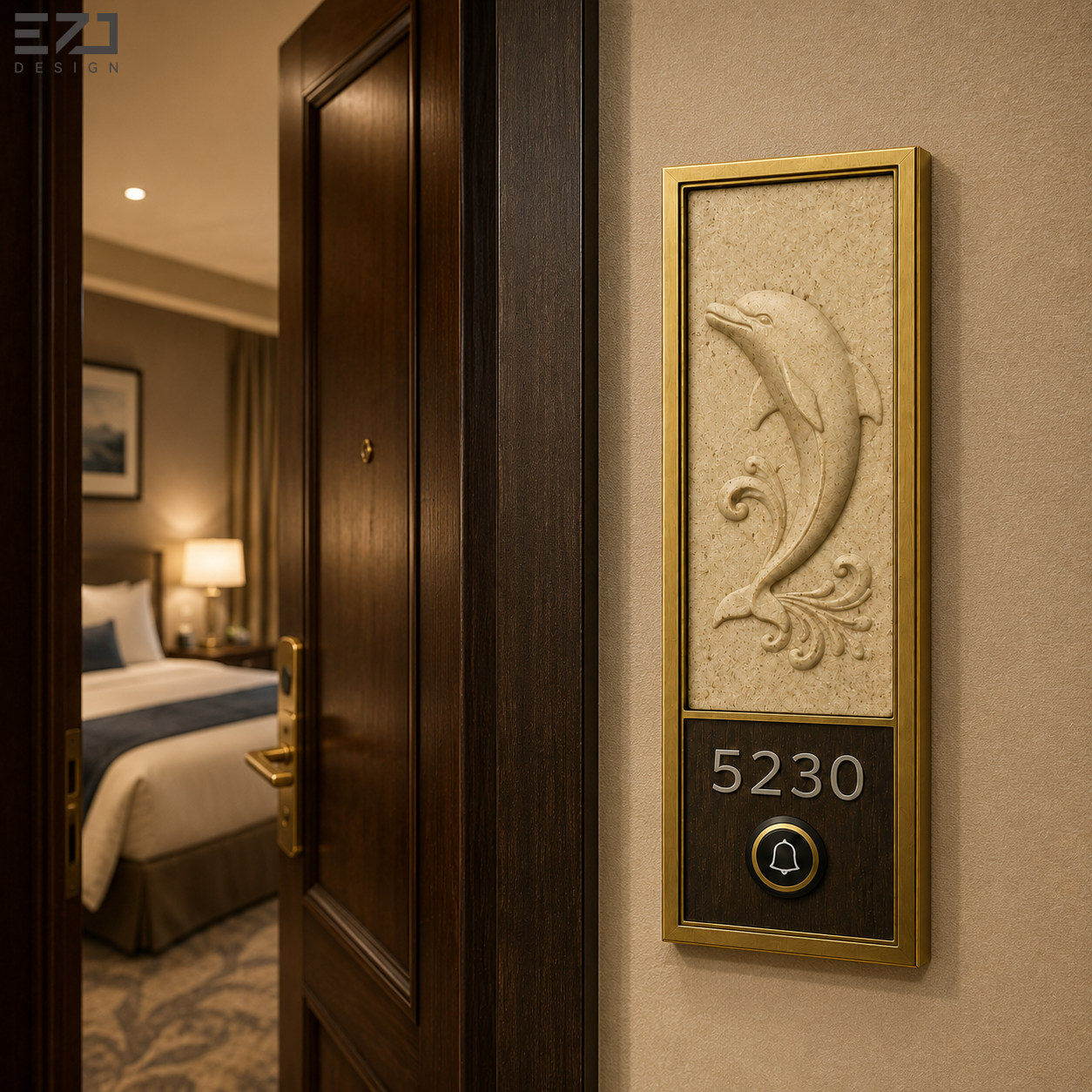Placa de Número de Quarto de Hotel de Luxo Personalizada com Moldura de Latão e Relevo de Golfinho, com Botão de Campainha