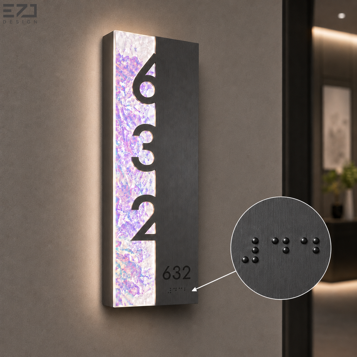 Placa Personalizada com Número do Quarto de Hotel com Iluminação LED, em Aço Inoxidável, Placa Direcional para Porta de Hotel, Apartamento ou Escritório, com Braille e Conforme Normas ADA