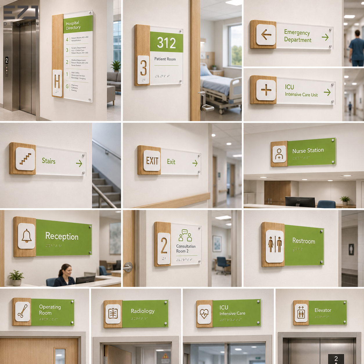 EZD Custom Hospital Wayfinding Sign Acrylic Wood Ward Door Sign ADA Braille Room Number Sign for Clinic Hospital