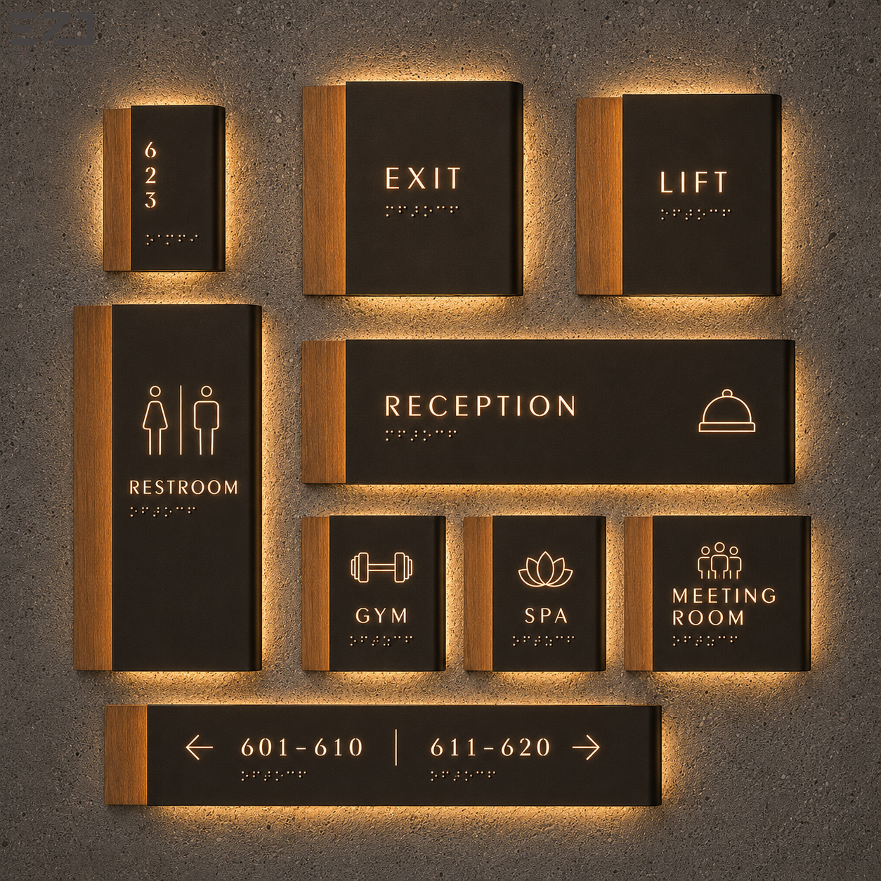 Custom LED Backlit Hotel Door Number Sign with Braille, Wood Metal Room ...