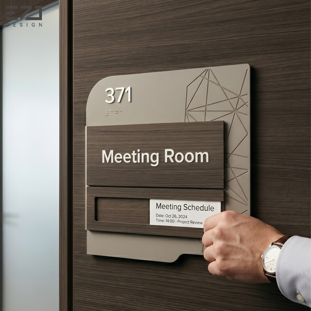 Segnale EZD personalizzato per uffici conformi agli standard ADA con braille e indicatore scorrevole, moderno segnaporta per uffici, appartamenti e hotel in legno e acrilico