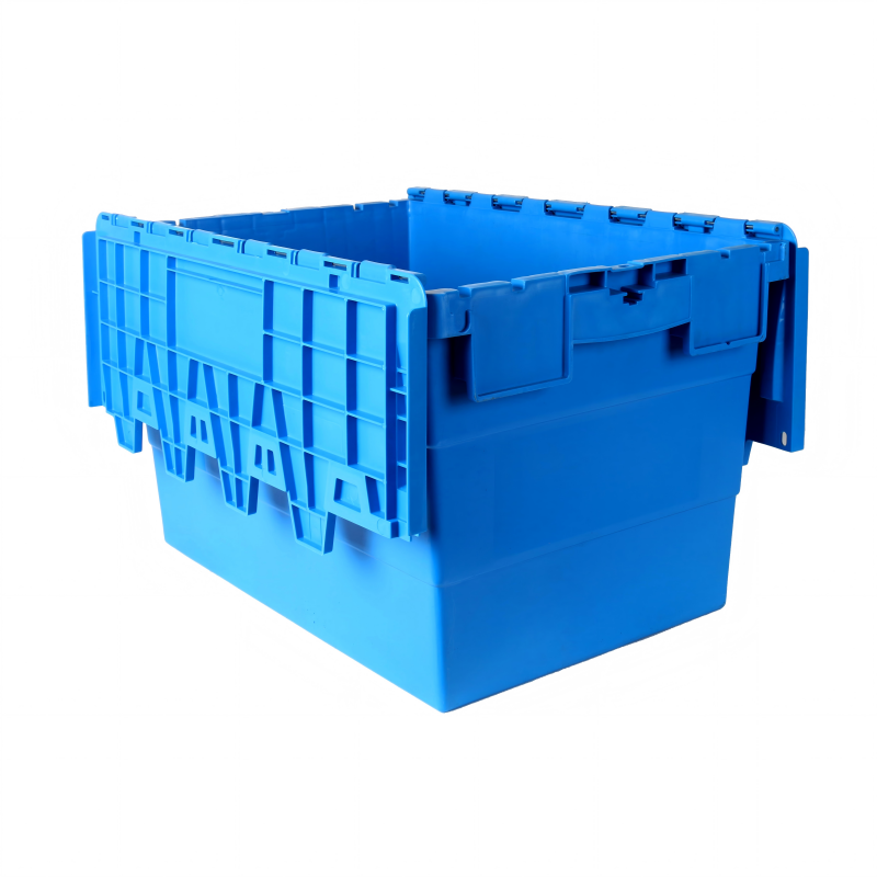 Standard Blue Attached Lid Container Plastic Storage Transport Tote Box Custom Logo Color Nestable Stackable Plastic Moving Crat