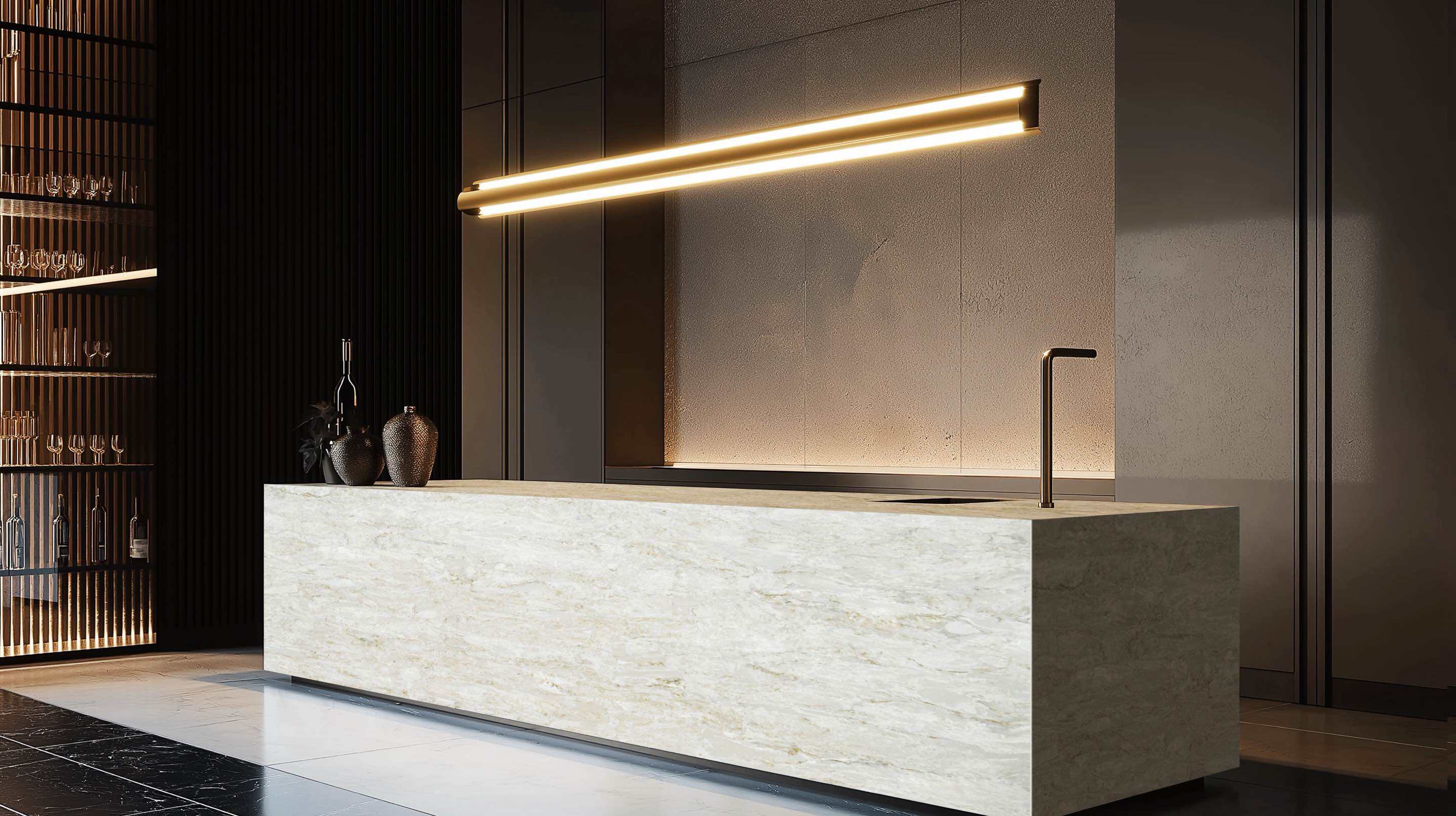 Mostrador de bar y mostrador de recepción de piedra artificial de lujo en un espacio comercial moderno de RUNPIN
