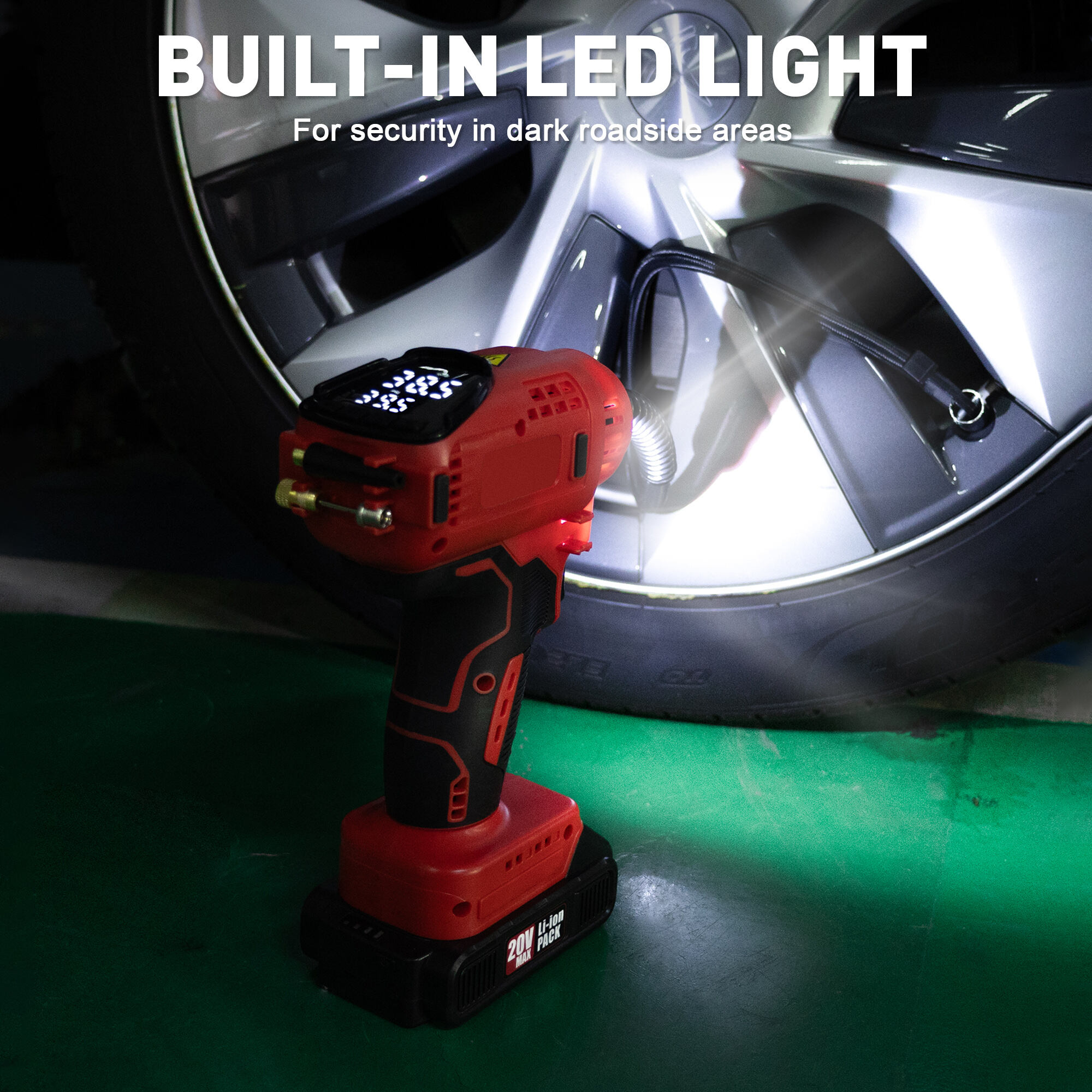 Handheld Cordless Tire Inflator with 20V Rechargeable Battery and 12V Car Power Adapter Digital Pressure Gauge 