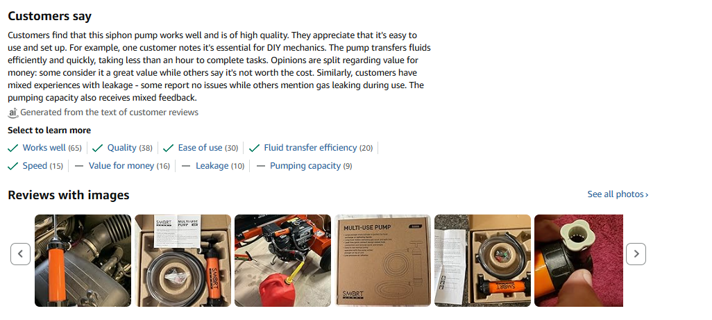 Amazon verified buyer review for SMART JERRY manual siphon pump