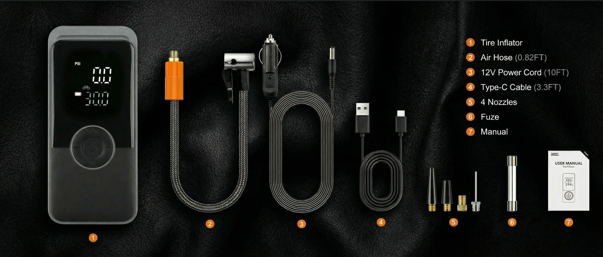 U23007 portable tire inflator accessories full set