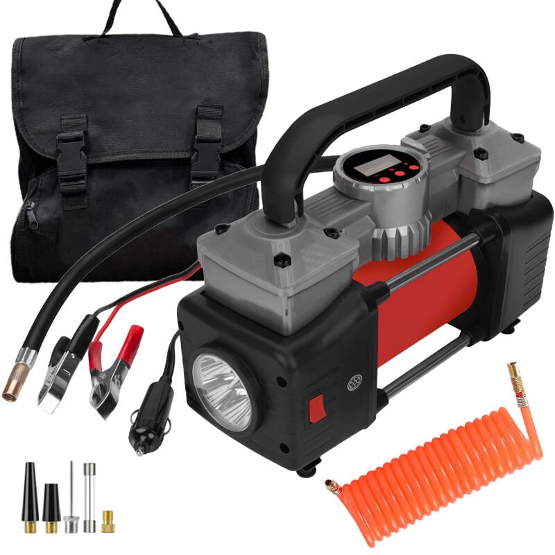 12V Dual Metal Motors Portable Tire Inflator with Digital Display, 150PSI 12V DC, LED Light, Extra Coiled Extension Hose