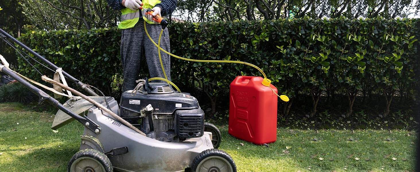 Manual siphon pump transferring fuel from red gas can — fast fluid transfer for gasoline, oil, and water