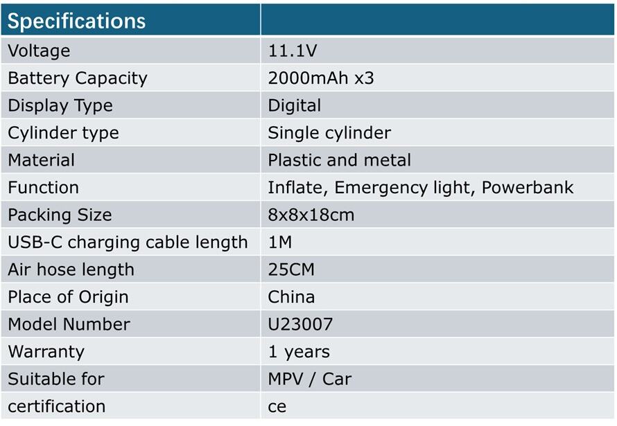 U23007 tire inflator technical specifications table