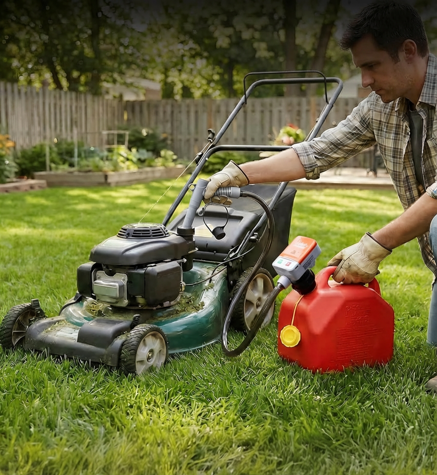 Man using portable fuel transfer pump to refuel lawn mower from red gas can