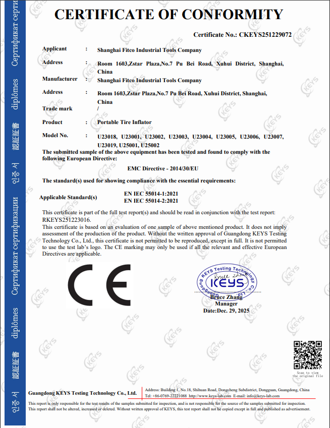 Fitco CE Certificate of Conformity - Portable Tire Inflator