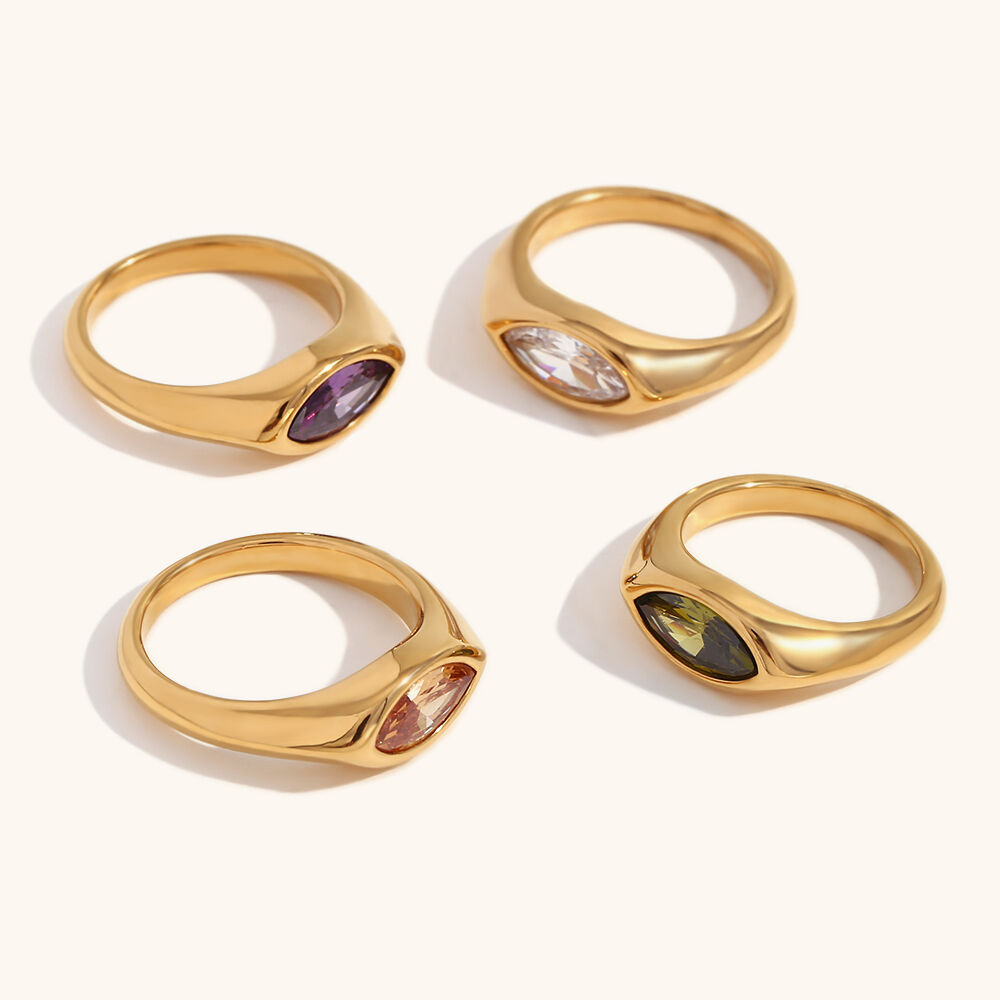 Horse Eye Zircon Gold Plated Stainless Steel Ring