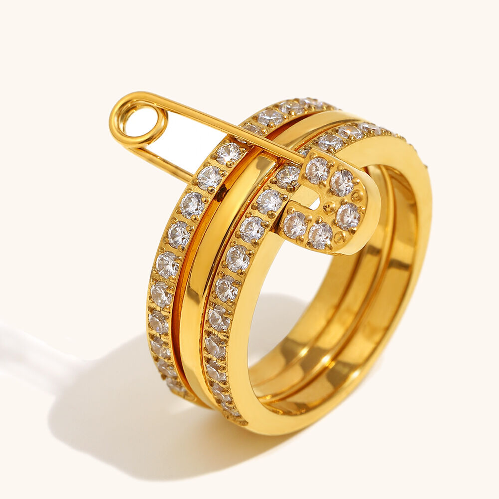 Three Layer Zircon Paper Clip Gold Plated Stainless Steel Ring