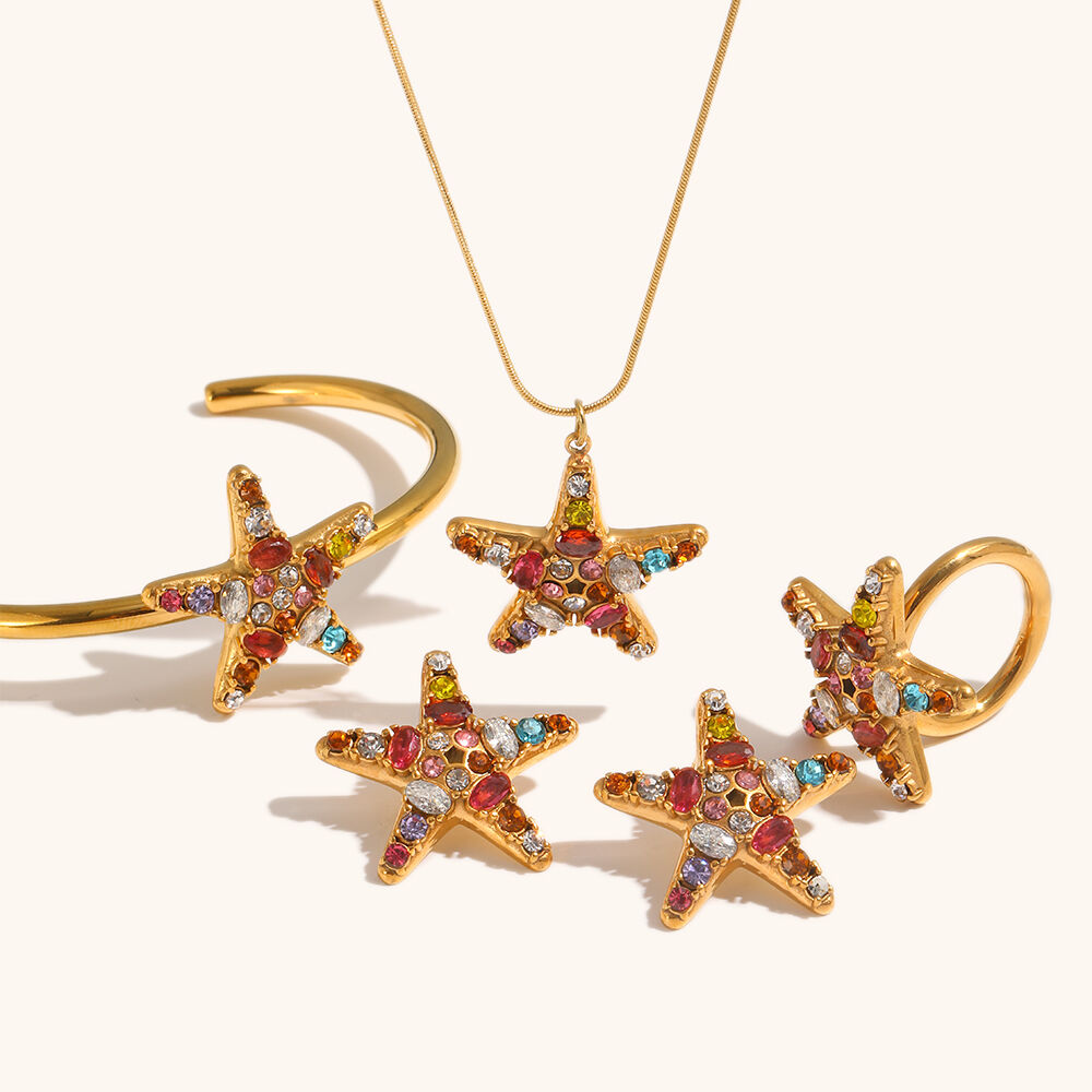 Colorful Zircon Starfish Necklace Bangle Earring Ring Set