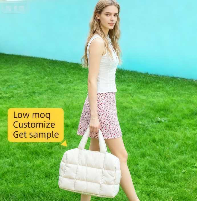 Puffy Quilted White Puffer Nylon Tote Bag Custom Print Puffer Quilt Woman Handbags Nylon Soft Tote Bag