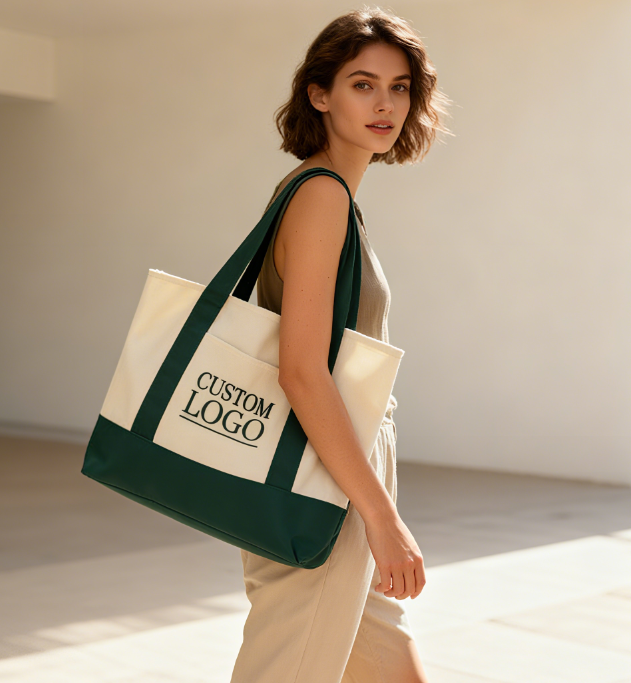 Factory Custom Green Blank Patchwork Shoulder Canvas Tote Bag Reusable Large Capacity Cotton Shopping Storage Handbag