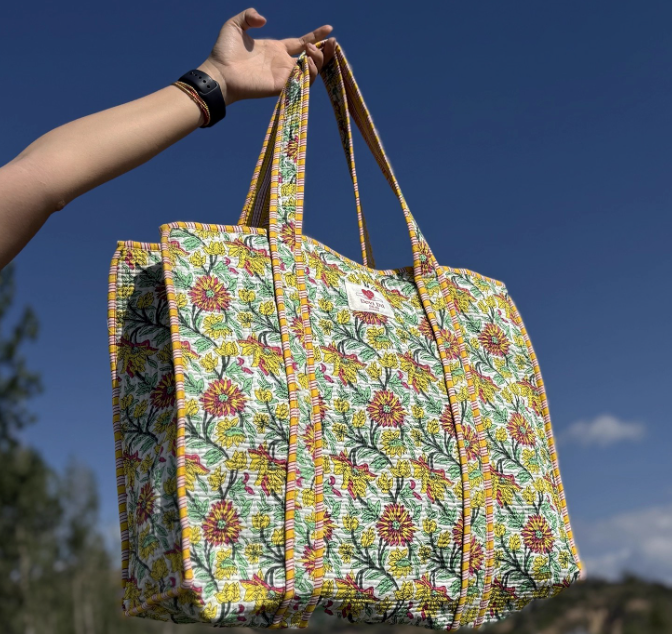 Tas Jinjing Katun Berlapis Cetak Penuh Kanvas Belanja Tangan Buatan Gaya Vintage Ukuran Besar Tas Bahu Pantai untuk Wanita