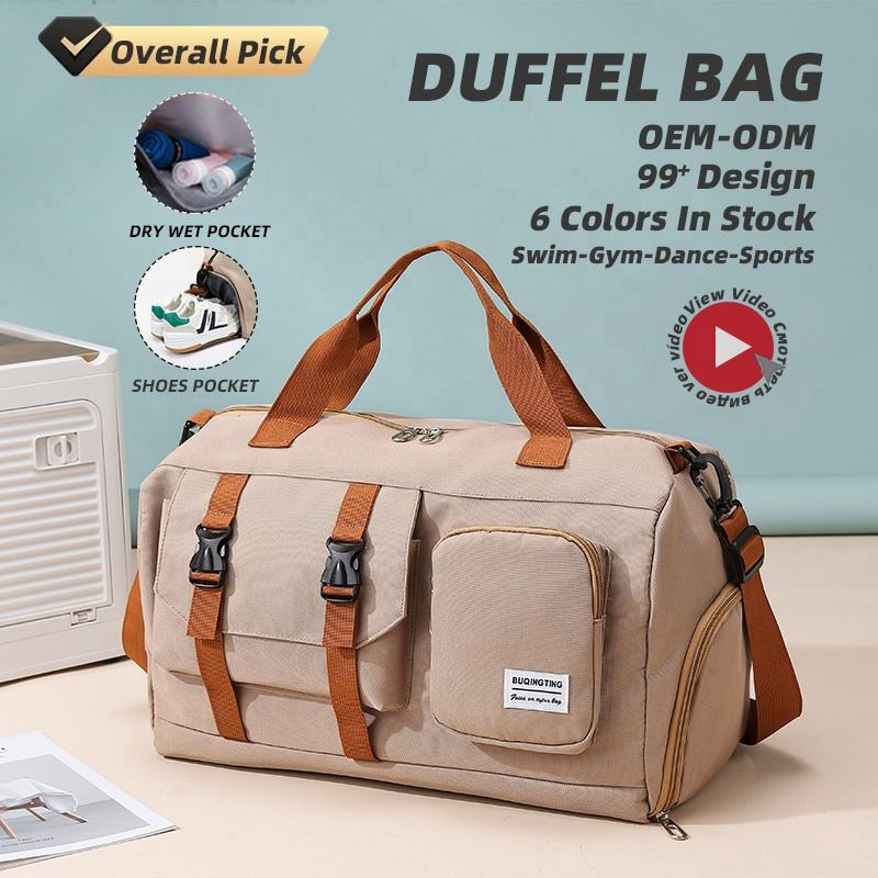 custom logo 5 color nylon outside buckle pocket luggage sleeve dry wet separate sports travel gym tote bag with shoe compartment-3