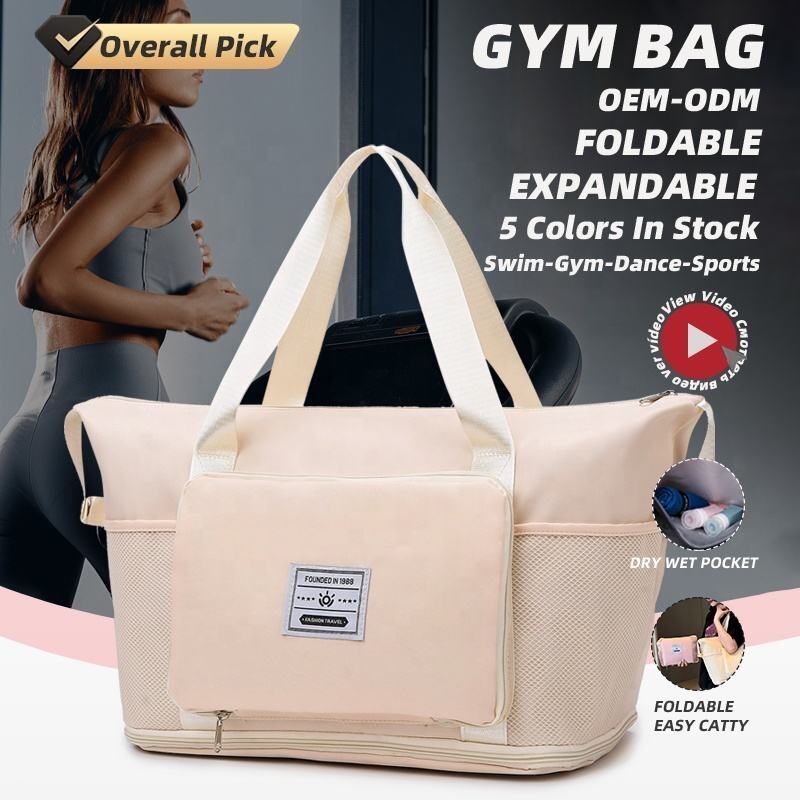 Foldable Expandable Custom Logo Waterproof Large Capacity Dry Wet Separation Side Mesh Bottle Pocket Women Travel Gym Tote Bags