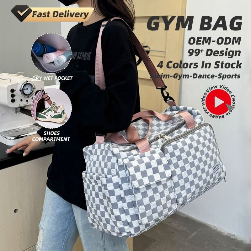 4색 체크무늬 드라이/습식 분리형 방수 짧은 여행 수영 위켄더 댄스 여행 피트니스 토트백 신발 수납 공간 포함