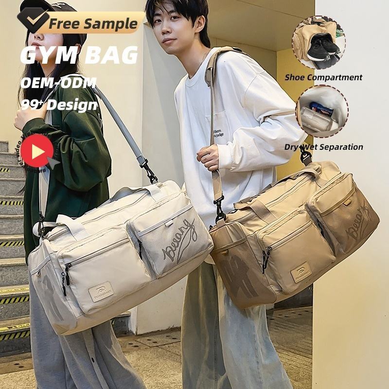 2 Front Pocket PU Large Capacity Waterproof Dry Wet Separation Custom Logo Printed Label Travel Duffle Bag with Shoe Compartment