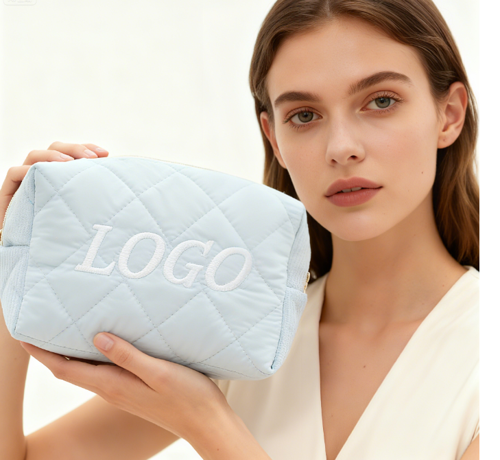 Personalized Embroidery Name Cosmetic Quilted Zipper Pouch Corduroy Makeup Bag for Travel