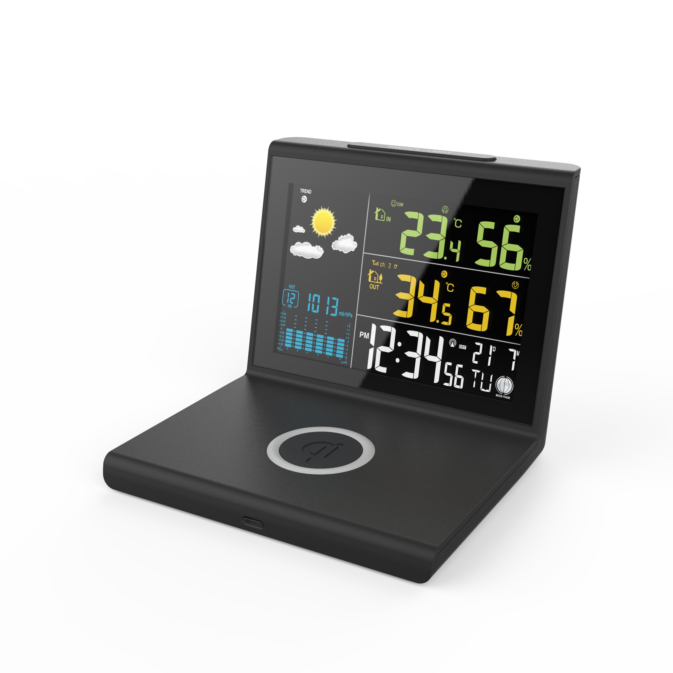 Bežična boja Vremenska stanica Bežično punjenje Digitalni sat sa termometrom Higrometar Multifunkcionalni 10W Alarm Clock Bežično punjenje