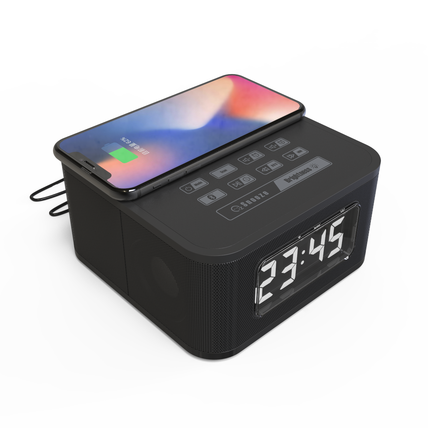 Bluetooth sat LCD prikaz Bežični punjač Sat zvučnik Ugrađeni Bluetooths Streaming Clock Radio zvučnici Crni brzi bežični punjenje AC