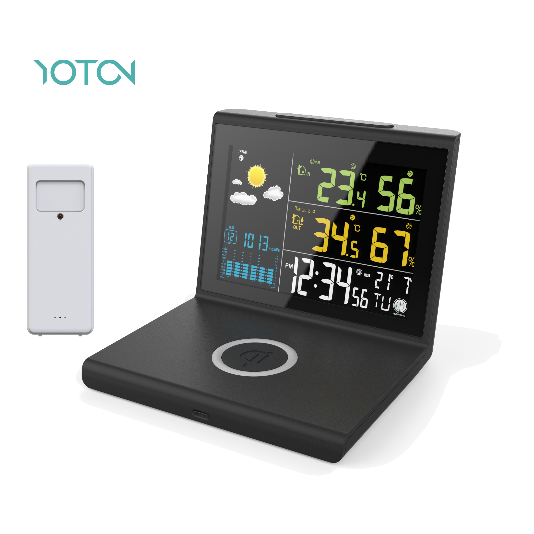 Bežična boja Vremenska postaja Bežično punjenje Digitalni sat s termometrom Higrometar Multifunkcionalni 10W Alarm Clock Bežično punjenje