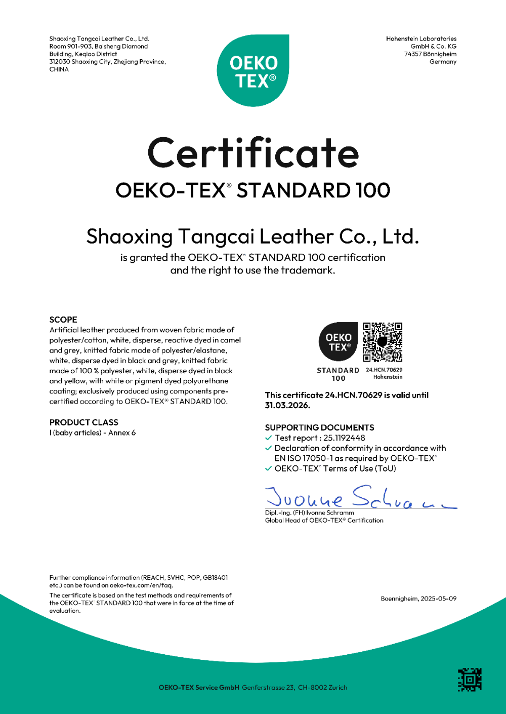 OEKO TEX 100 Certificate