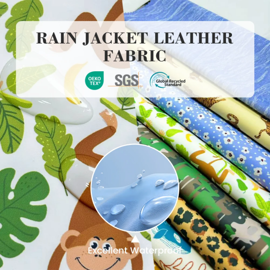 Waterproof Pu leather fabric can be customized print designs used for rain jackets of kids.  