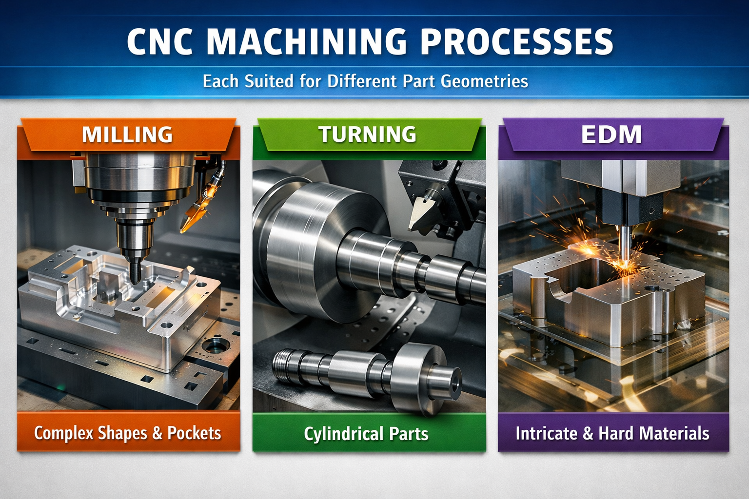 three core cnc processes milling turning and edm each suited for different part geometries