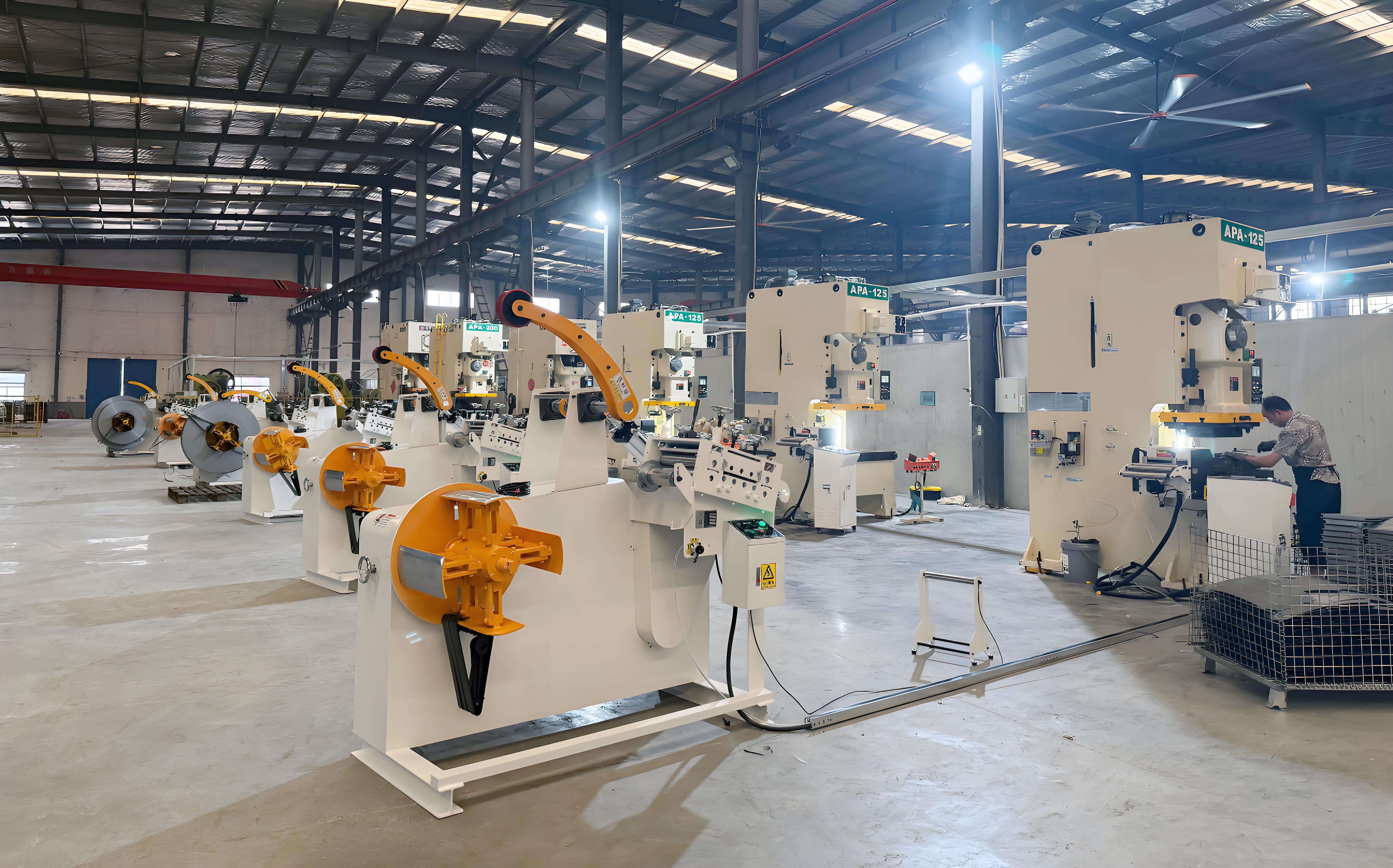 automotive stamping plant with presses and robotic arms shaping metal parts