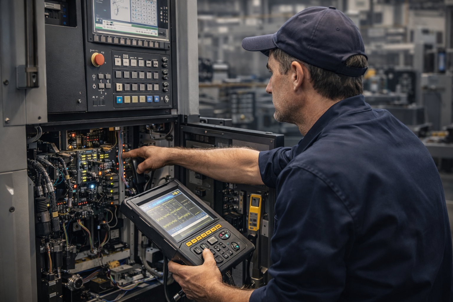 qualified cnc service technician performing diagnostic evaluation on machine control system