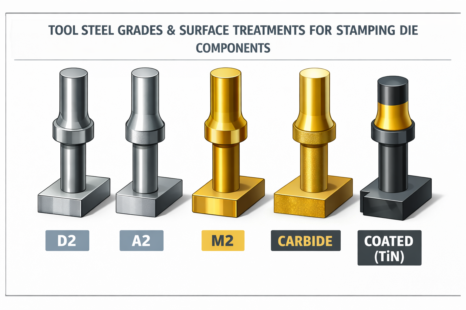 various tool steel grades and surface treatments for stamping die components