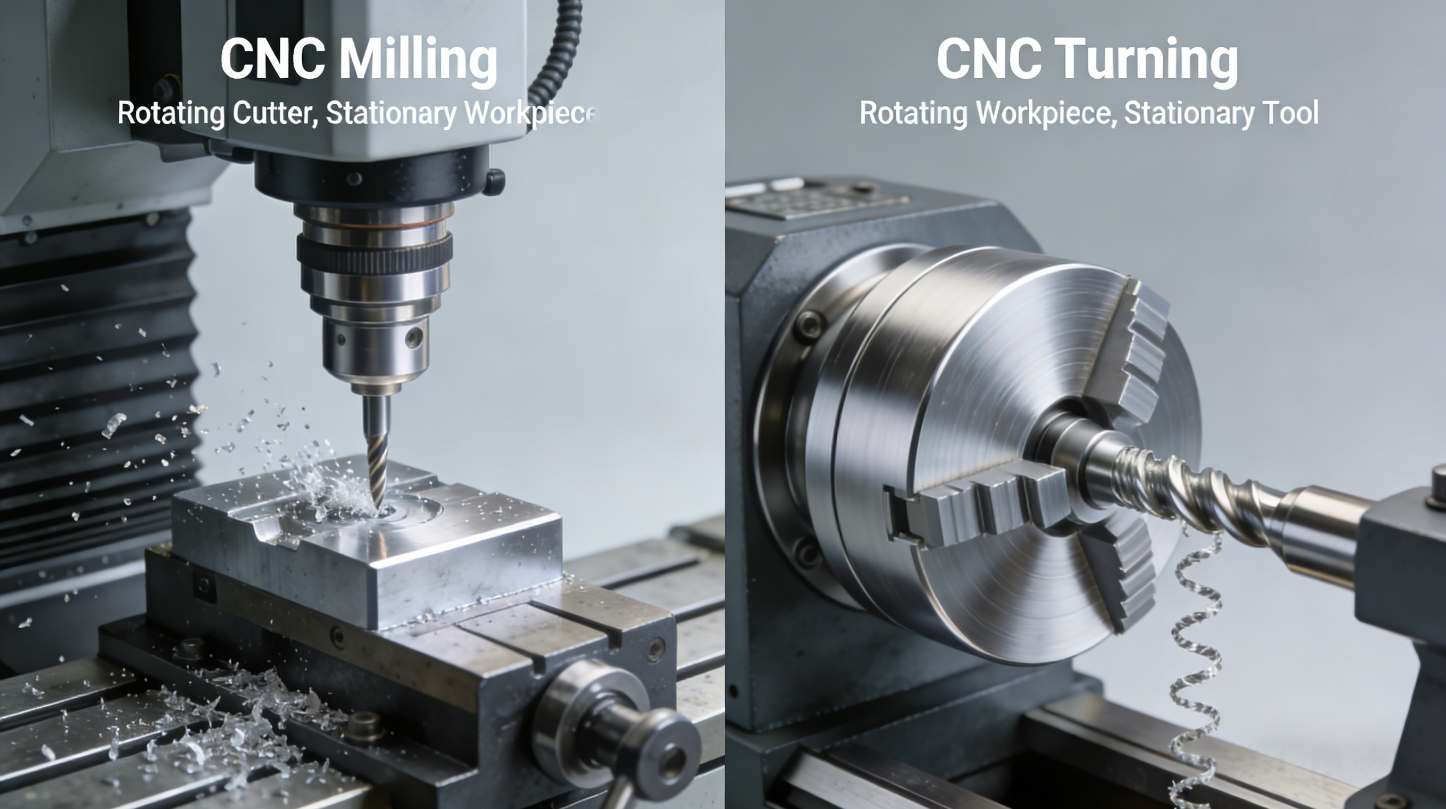cnc milling versus turning operations demonstrating the fundamental difference in how each process shapes metal parts